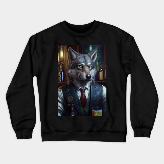 Wild And Classy Barkeeper Wolf In A Suit - Unique Wildlife Art Print For Fashion Lovers Crewneck Sweatshirt by Whimsical Animals